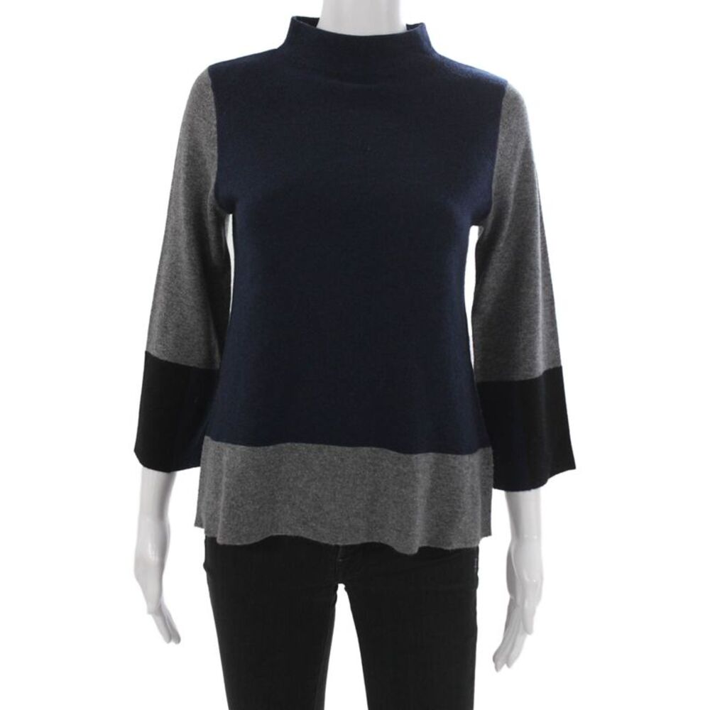 Kinross Cashmere Womens Pullover Sweater Blue Mock Neck 3/4 Sleeve Size S